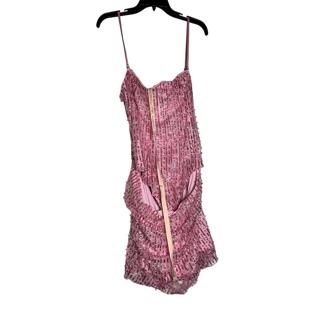 Oh Polly Pink Beaded Sequin Mini Dress Strapless Corset Pearl Embellished US 14 - Picture 4 of 9